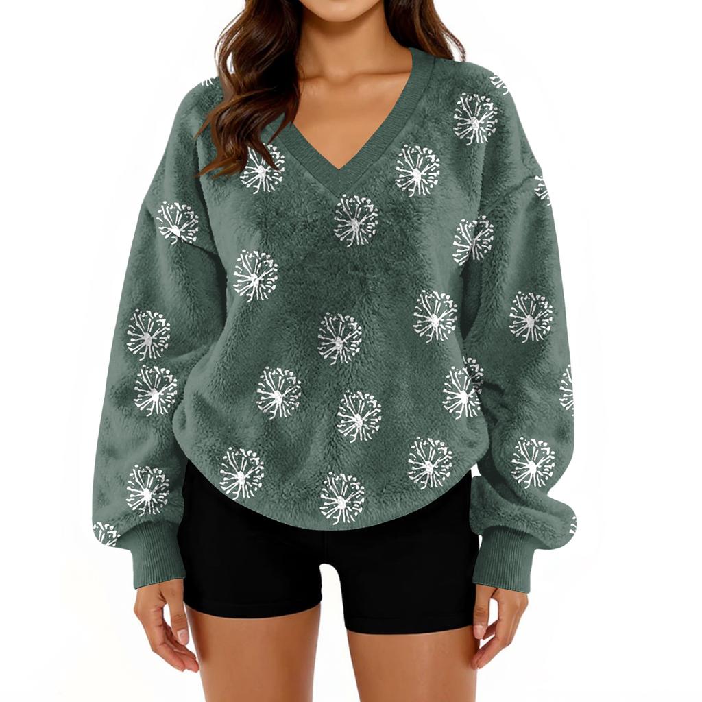 Women's V-Neck Sweatshirt Plush Solid Color Casual Fashion Long Sleeve With Pocketed Pullover Top