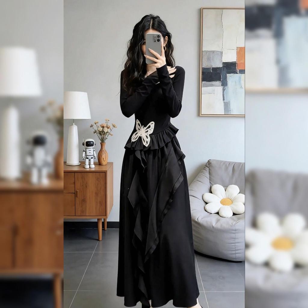 Women's Elegant Black Long-Sleeved Dress - Waist-Cinched, Long Skirt for Spring, Autumn, Winter Fashion