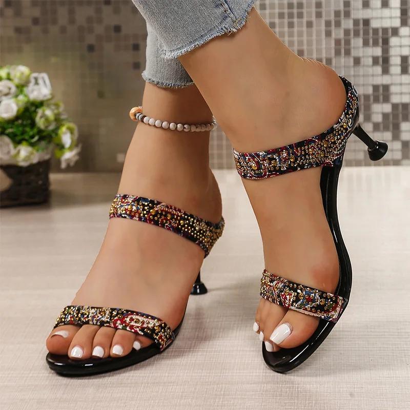 Shiny Crystal High Heels Sandals for Women Plus Size Light Comfort Mixed Colors Slippers 2026 Summer Casual Thin Heeled