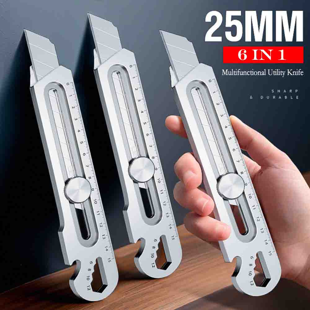 Coltello multiuso resistente da 25 mm 6 in 1 Acciaio inossidabile Scatola per cancelleria da ufficio Taglierino Apribottiglie Apri barattoli Righello a vite