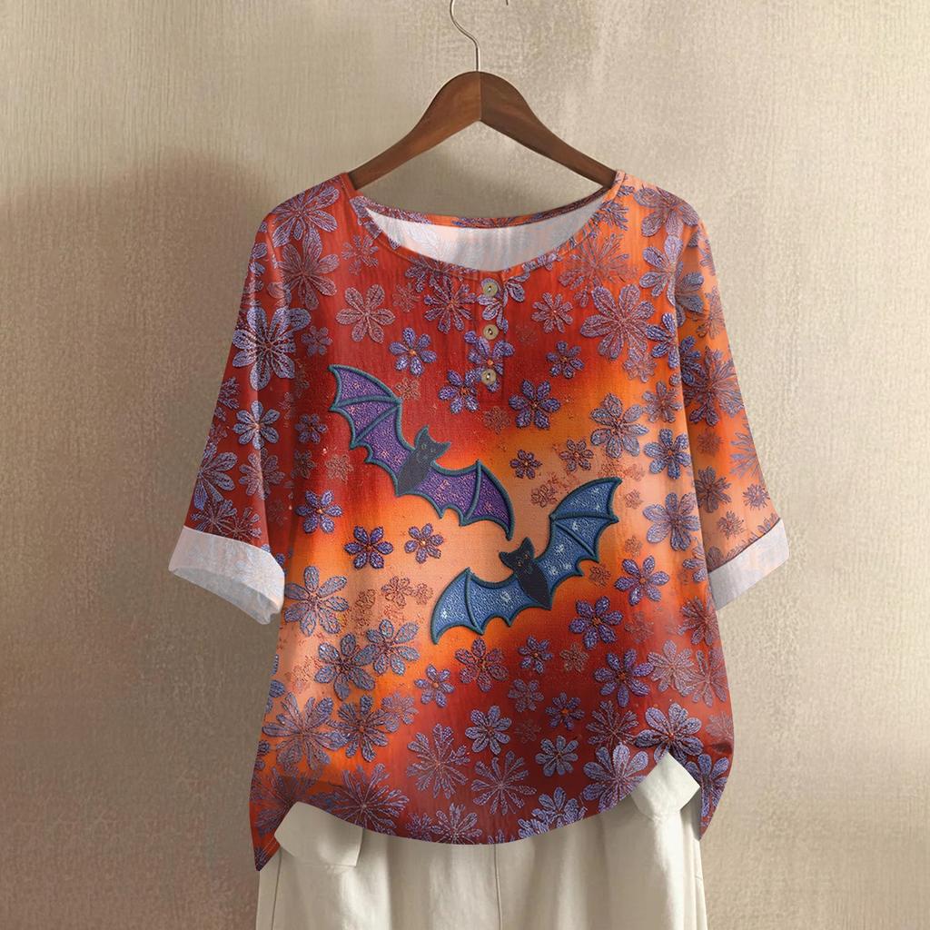 Damska codzienna bluzka z bawełny i lnu z nadrukiem Halloween z okrągłym dekoltem i rękawem 3/4