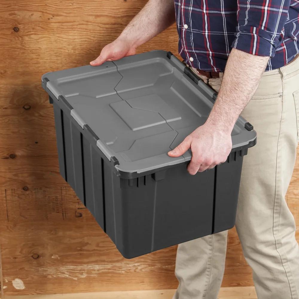 12 Gallon Industrial Tote Heavy Duty Hinged Lid Storage Container Stackable with Handles Zip Tie Access Garage Basement