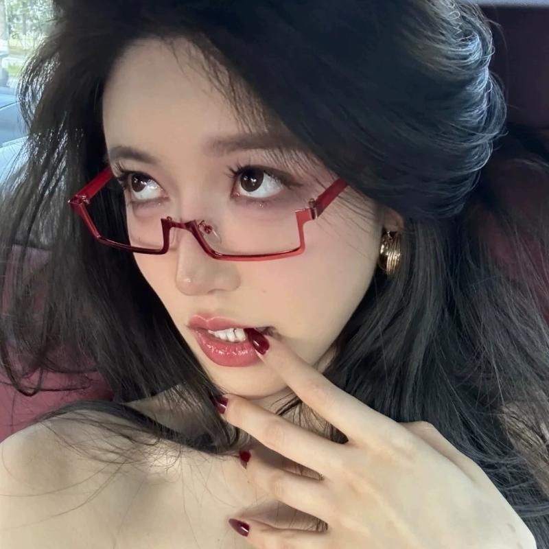 Y2K Cadru Ochelari Anime Japonez Pătrat Mic Cosplay Roșu Ochelari Jumătate Cadru Fără Lentile Ochelari de Vedere Rectangulari Metalici