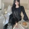 2024 Women's Gold Velvet Pajamas Set: Lace-Trimmed Long-Sleeve Top & Trousers, Autumn/Winter Court Style