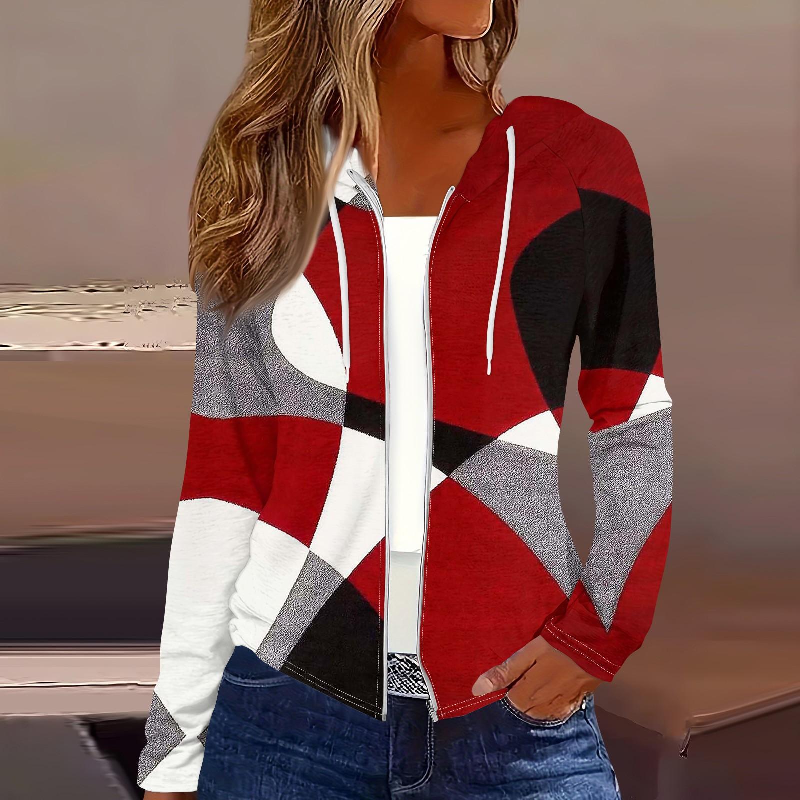 

Женская мода повседневная застежка-молния с капюшоном и принтом с длинным рукавом толстовки пальто XXL