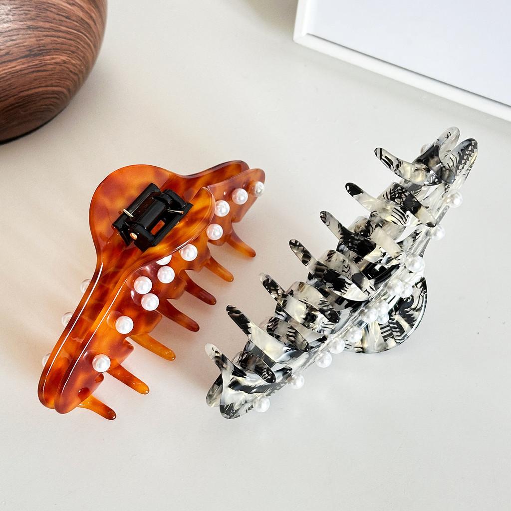 Fashionable Large Acetate Hair Claw With Pearl Accents Versatile For Any Occasion