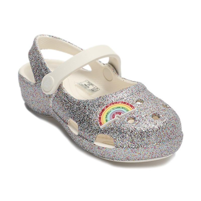 Crocs Isabella Outdoor Toe Flat Heel Shiny Hole Sneaker Sandals Silver Kids