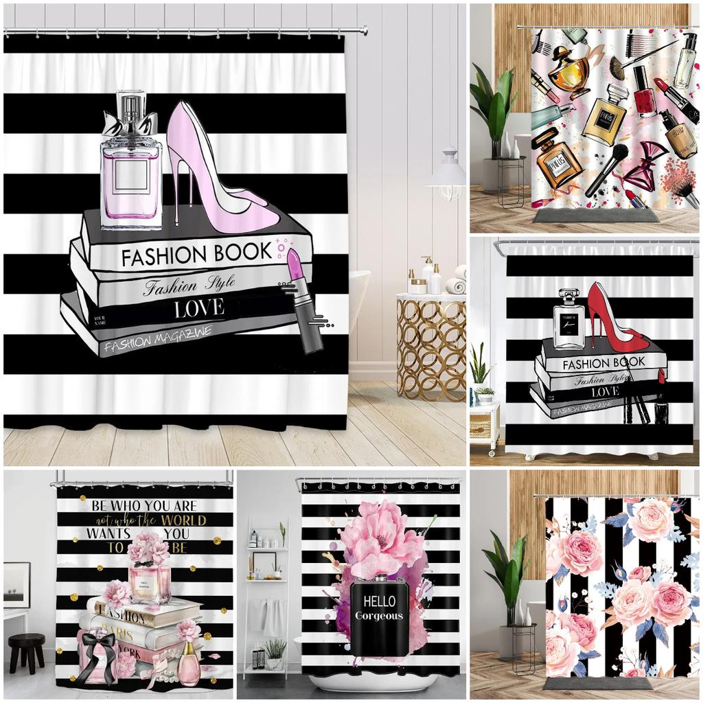 Pink Perfume High Heel Shower Curtain Set Black White Stripes Fashion Girl Woman Bathroom Decor Polyester Bathtub Curtains Hooks