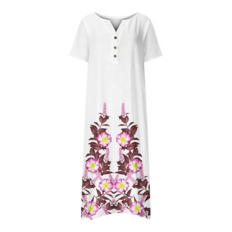 Long T Shirt Dress for Women Summer Casual Button Up V Neck Short Sleeve Printed Maxi Swing Beach Sundress