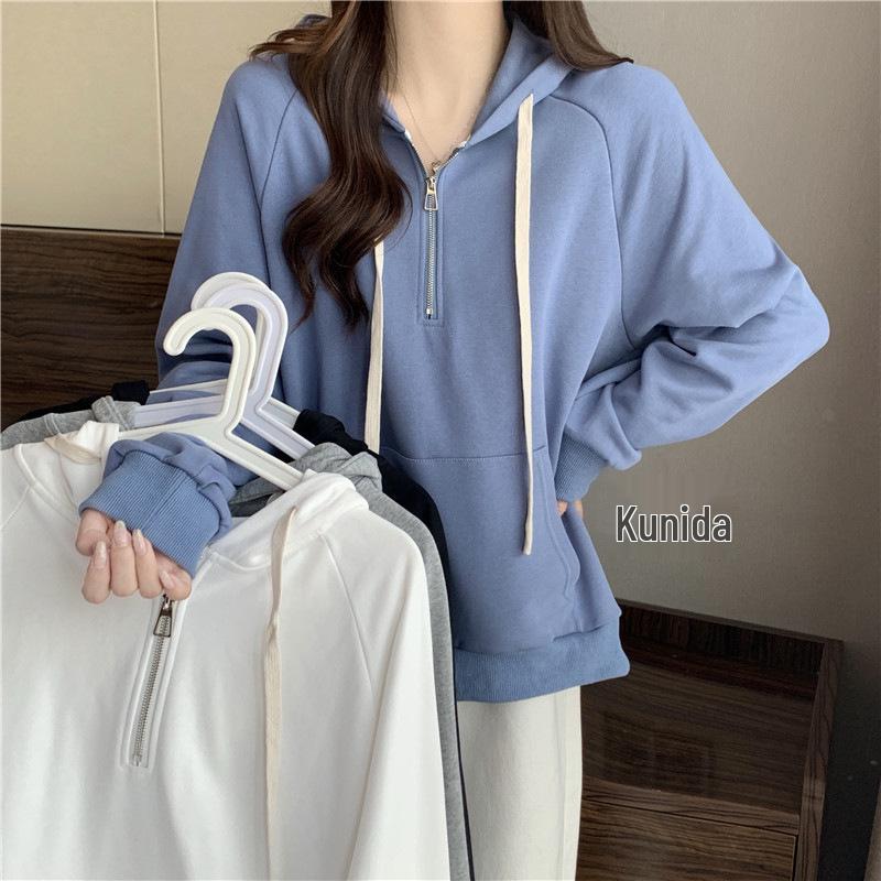 Women's Thin Half-Zip Hooded Sweatshirt - Loose Fit, Long Sleeve, Plus Velvet, Trendy Style for Spring, Autumn, Winter 2023