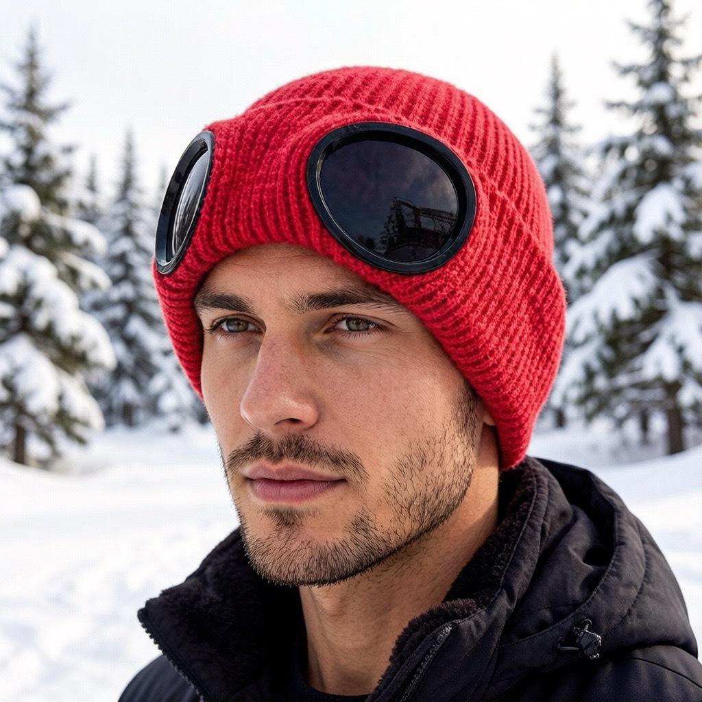 Men's Trendy Windproof Knit Pilot Hat with Goggles - Versatile & Warm for Autumn and Winter