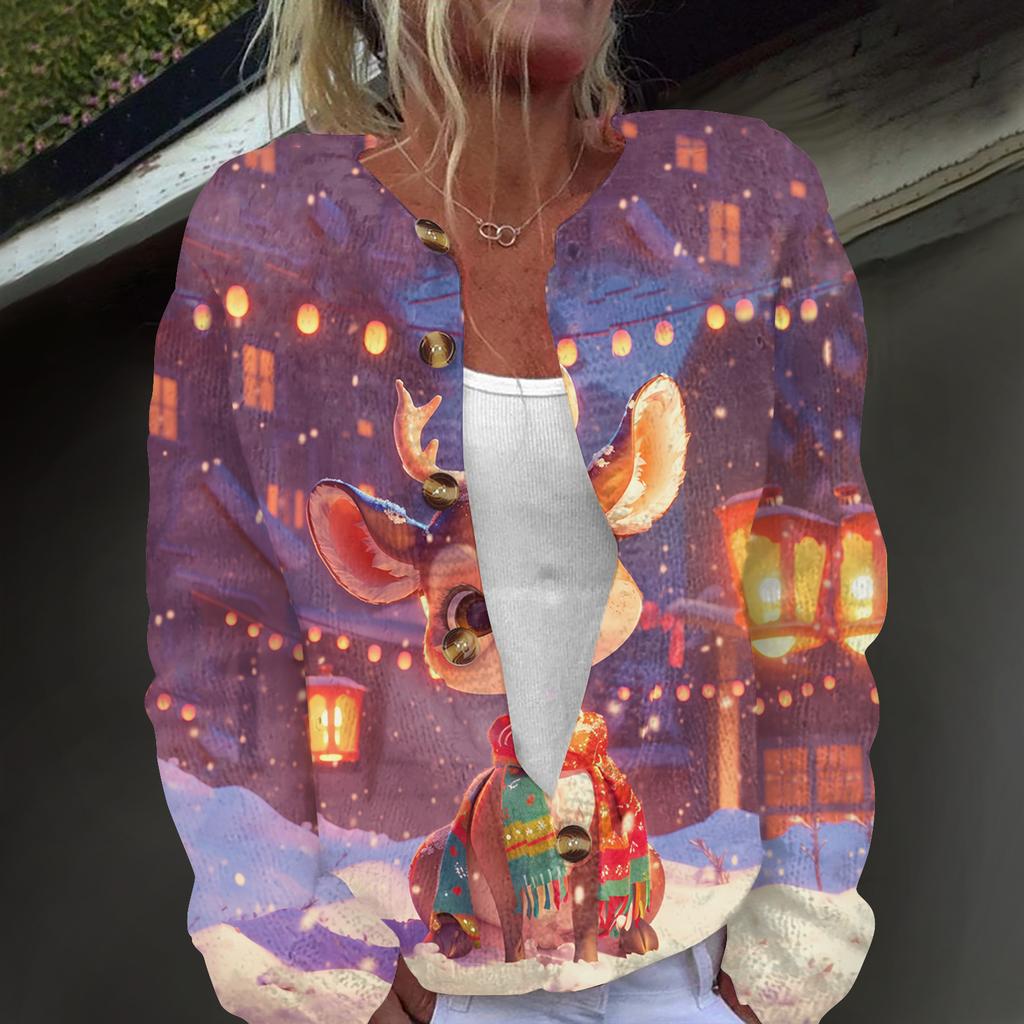 Damenmode, weihnachtlich bedruckt, langärmelig, Strickjacke, Button-Down-Jacke