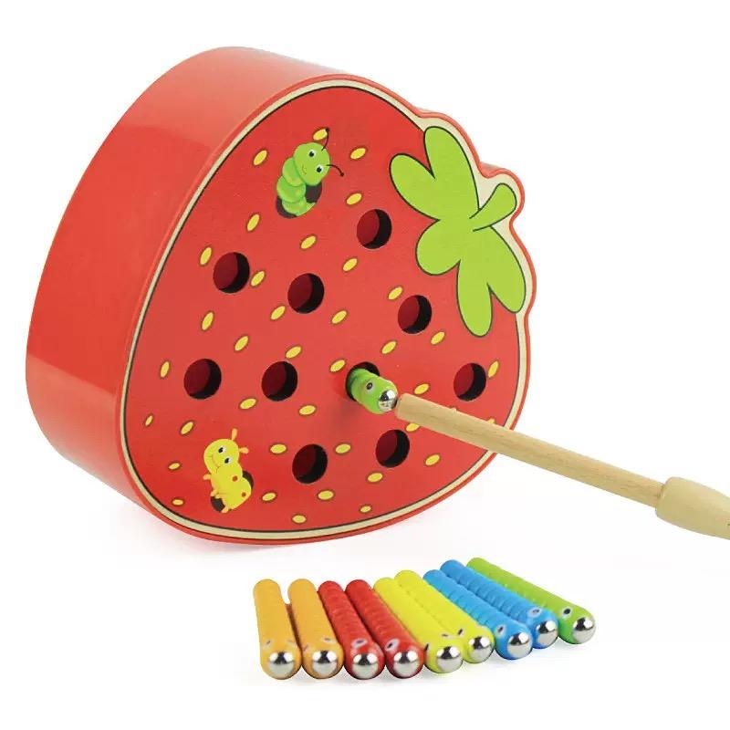 Magnetic Toy Funny Strawberry Shaped And 1 Wand And 10 Worm Game Toy Wooden Educational Toys For Preschool Kids Toddlers