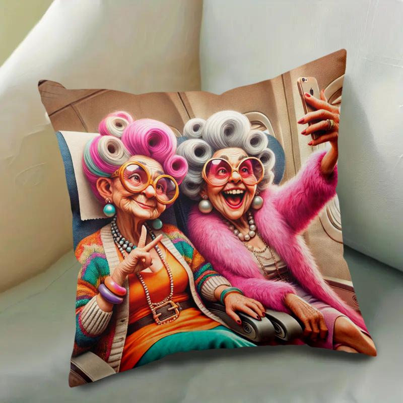 1Pc Grandma Selfie On Plane Print Throw Pillow Cover,Suitable For Sofa,Bedroom,Living Room,A Stylish Gift For Best Friends