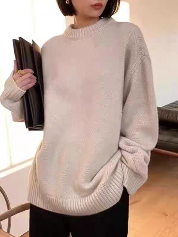 Women's Pure Wool Round Neck Sweater - Thickened, Versatile, Loose Fit for Autumn & Winter