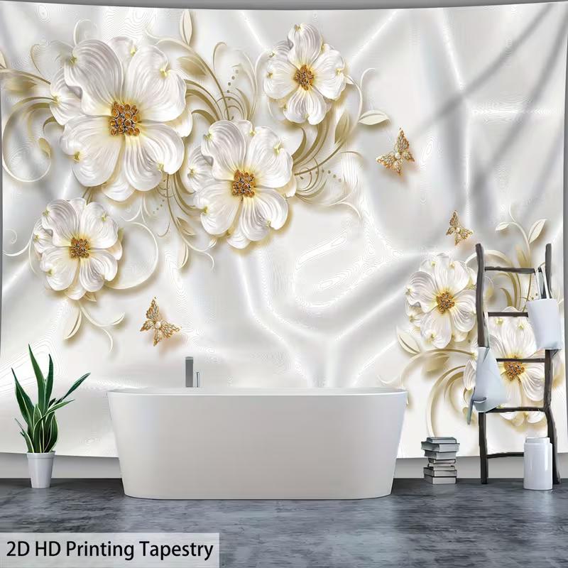 2D Elegant Flower Tapestry Embossed Style White Floral with Golden Accents Wall Hanging