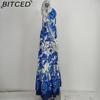 BITCED Spring Women's Casual Fashion Printed V-Neck Strapless Patchwork Split-Hem Full-Skirt Dress