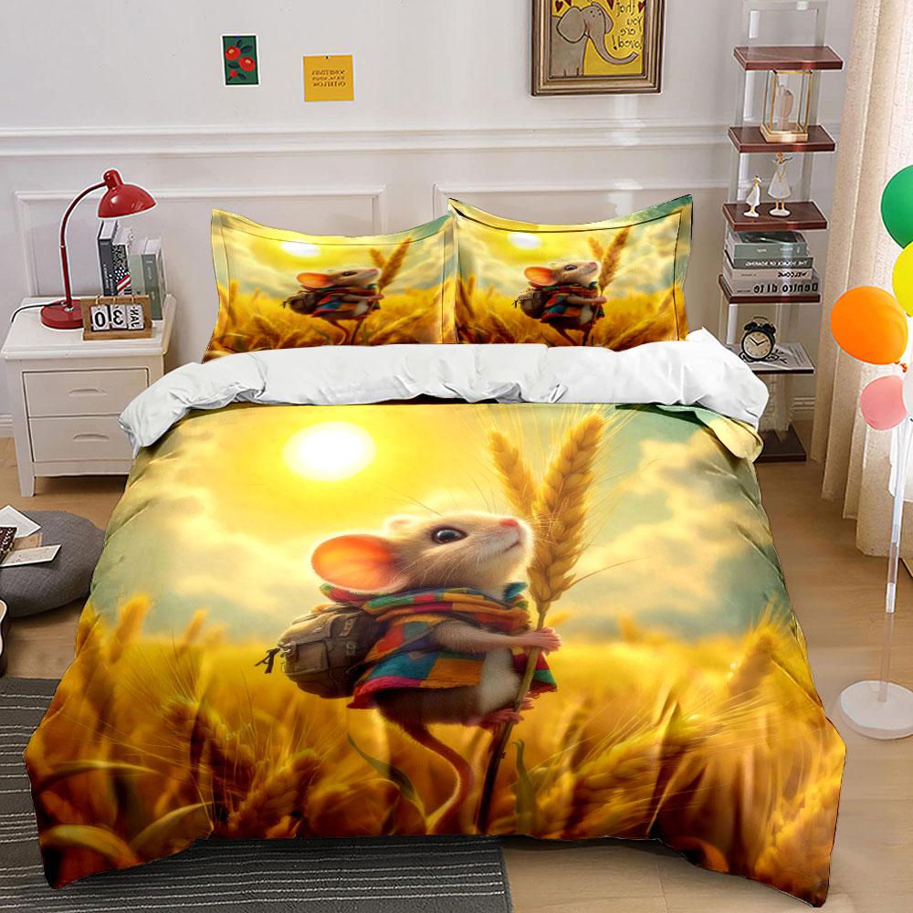 Cute Mouse Nature Adventure Decor Bedding Set with 1 Duvet Cover 2 Pillowcases Single Double King Queen, Gift