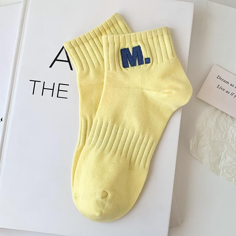 Women's Spring and Summer Short Socks, Solid-colored Cotton Socks, Embroidered Candy-colored Sports Socks, Thin Boat Socks