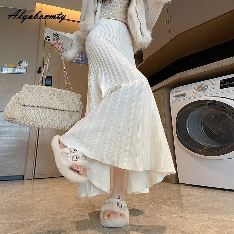 Korean Fashion Autumn Winter Women Pleated Skirt High Waist Beige Black Knitting Skirt Knitted Elegant Feminine Warm Skirts Womens