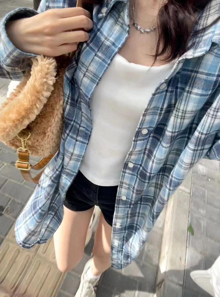 American Spice Girl Vintage Plaid Long Sleeve Red Shirt Women's Spring and Autumn Pure Desire Lazy Plaid Top Jacket Tide
