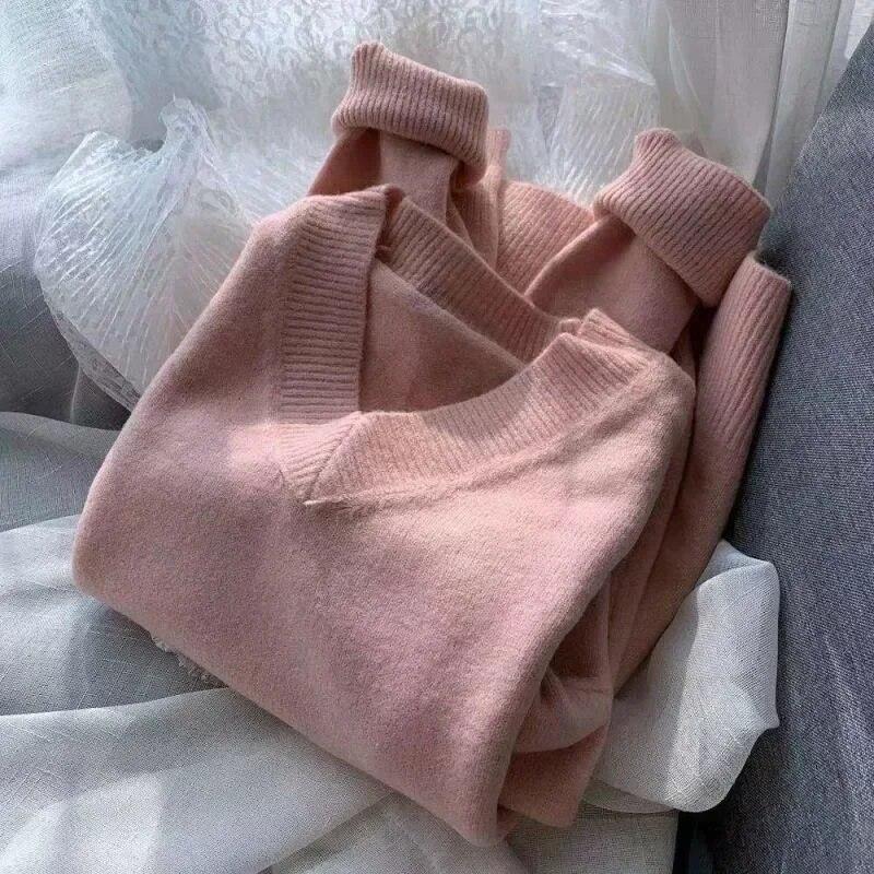 Autumn Vintage Fashion Long Sleeve Knitted Sweater Winter Bottoming Pullover Women Casual V-neck Tops Solid Color Clothes 29898