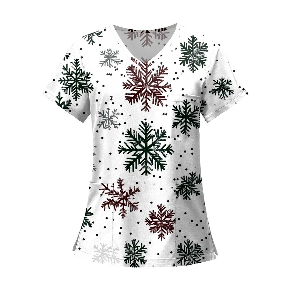 Women's Fashion Printed Short Sleeve V Neck Pattern Tops Pocket Working T-shirts
