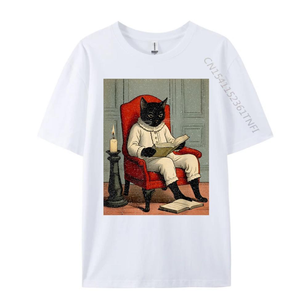 Funny Black Cat Reading A Book Fall Clothes Aesthetic Men's T-Shirts Loose