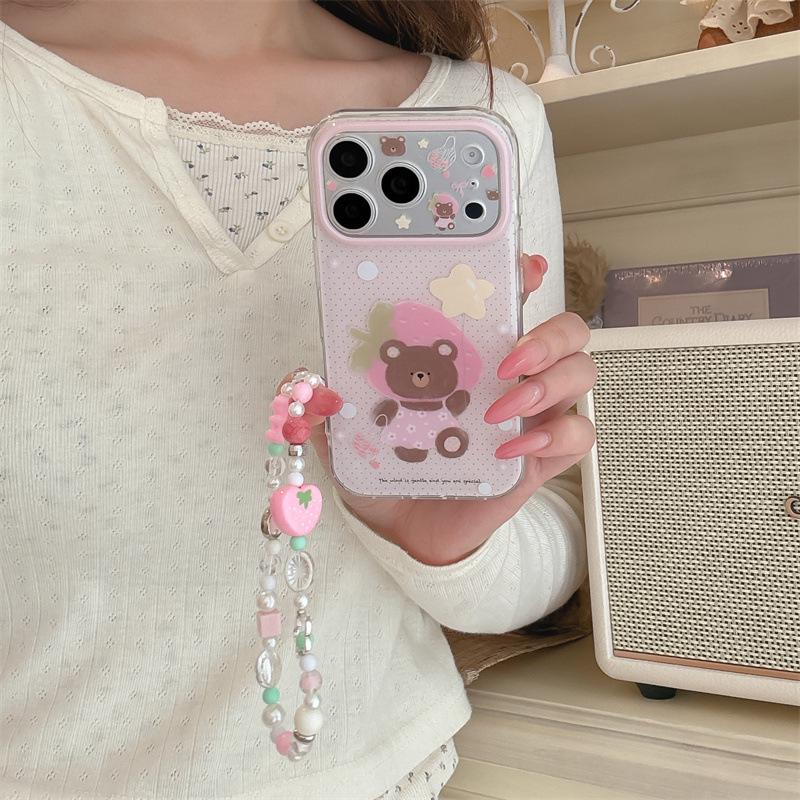 Cartoon Pink Strawberry Bear Headset Phone Case for iPhone 17/16 Pro Max/15 Pro