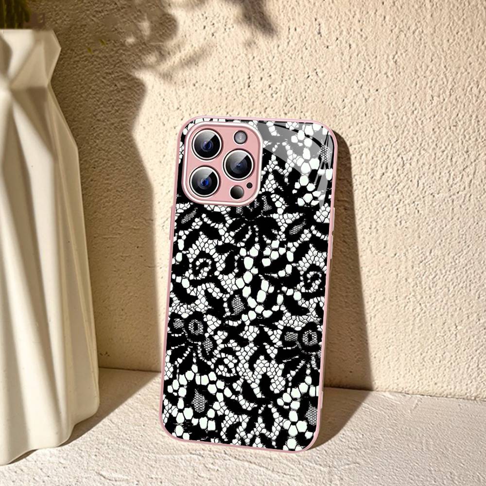 Black Lace Pattern Personalized Mobile For IPhone 14 13 12 Mini 11 Pro XS Max X XR 14 Plus Tempered Glass Cover
