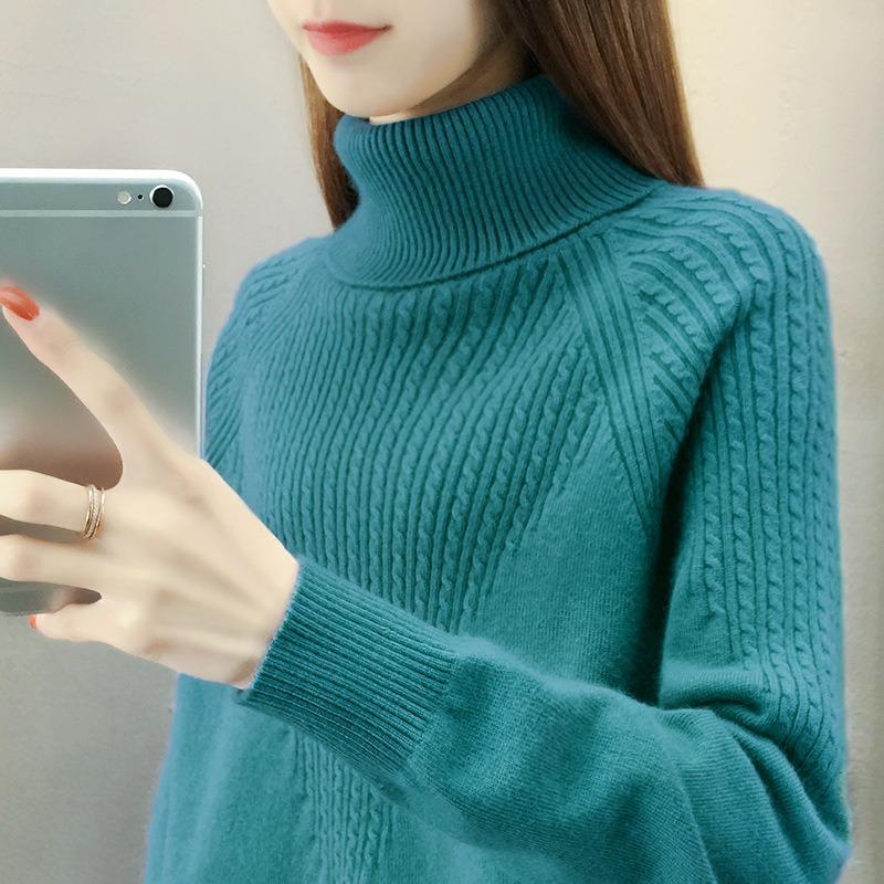 Women's  Knitted Loose Pullover Sweater Thickened Sweater High Collar Shirt Solid Color Autumn/Winter