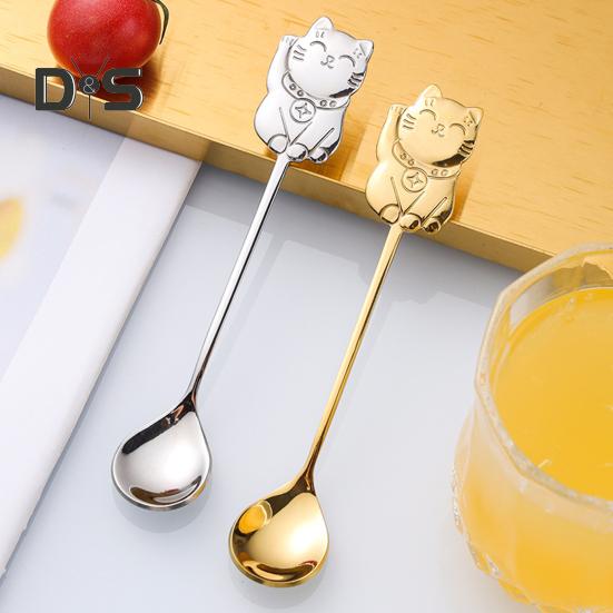 Stainless Steel Food Grade Coffee Spoon Thicken 304 Ergonomic Handle Lucky Cat Stirring Spoon Party Supplies