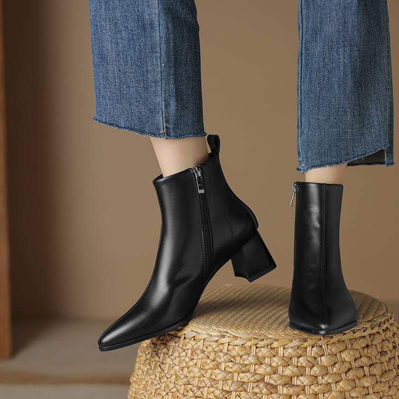 Krazing Pot Sheepskin Winter Round Toe Med Heels Fashion Boots Women Zipper Elegant Women Ankle Boots