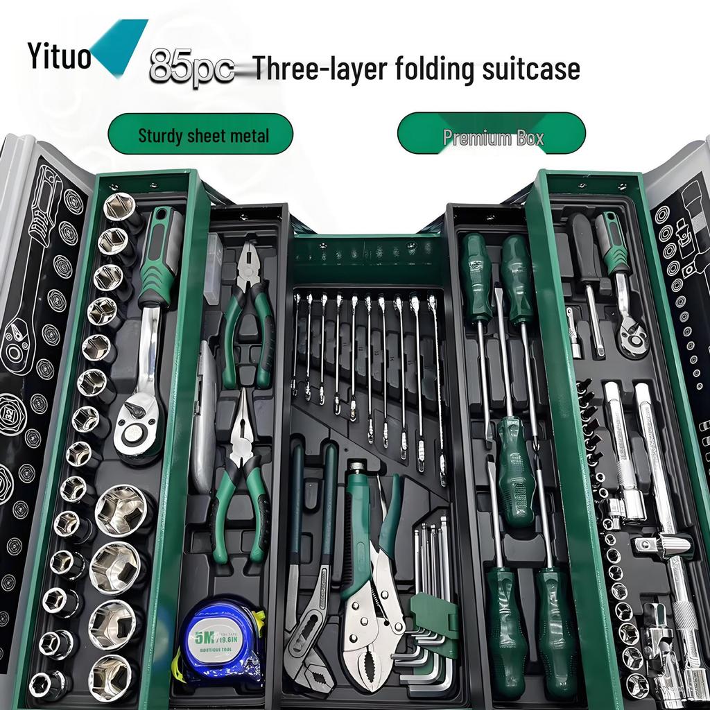 85-Piece Multi-functional Auto Repair Toolbox with 72-Tooth Ratchet and Socket Set