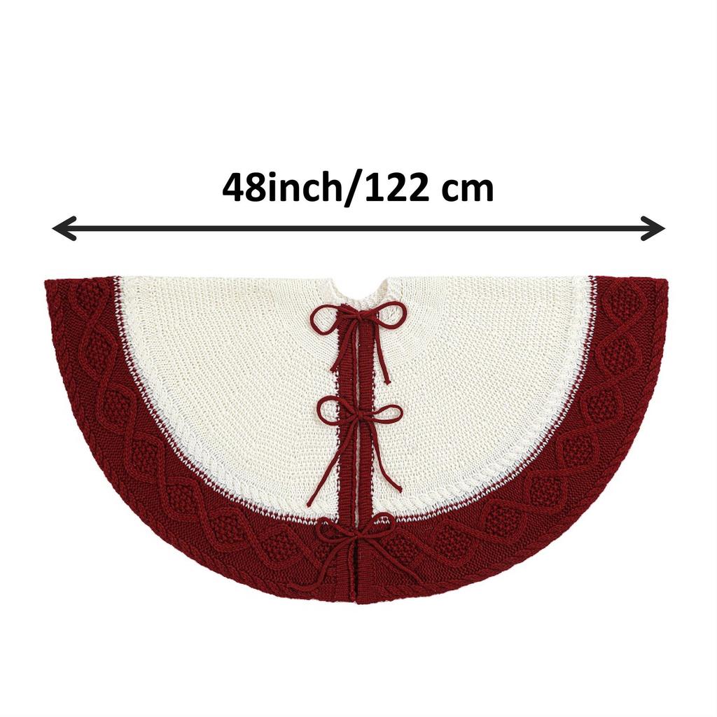 Festive Red-Edged White Rhombus Knit Christmas Tree Skirt