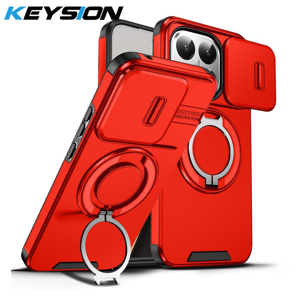KEYSION 360° Rotating Ring Stand Phone Case for Xiaomi 15T 15T Pro Silicone+PC Slide Camera Protection Magnetic Shockproof Cover