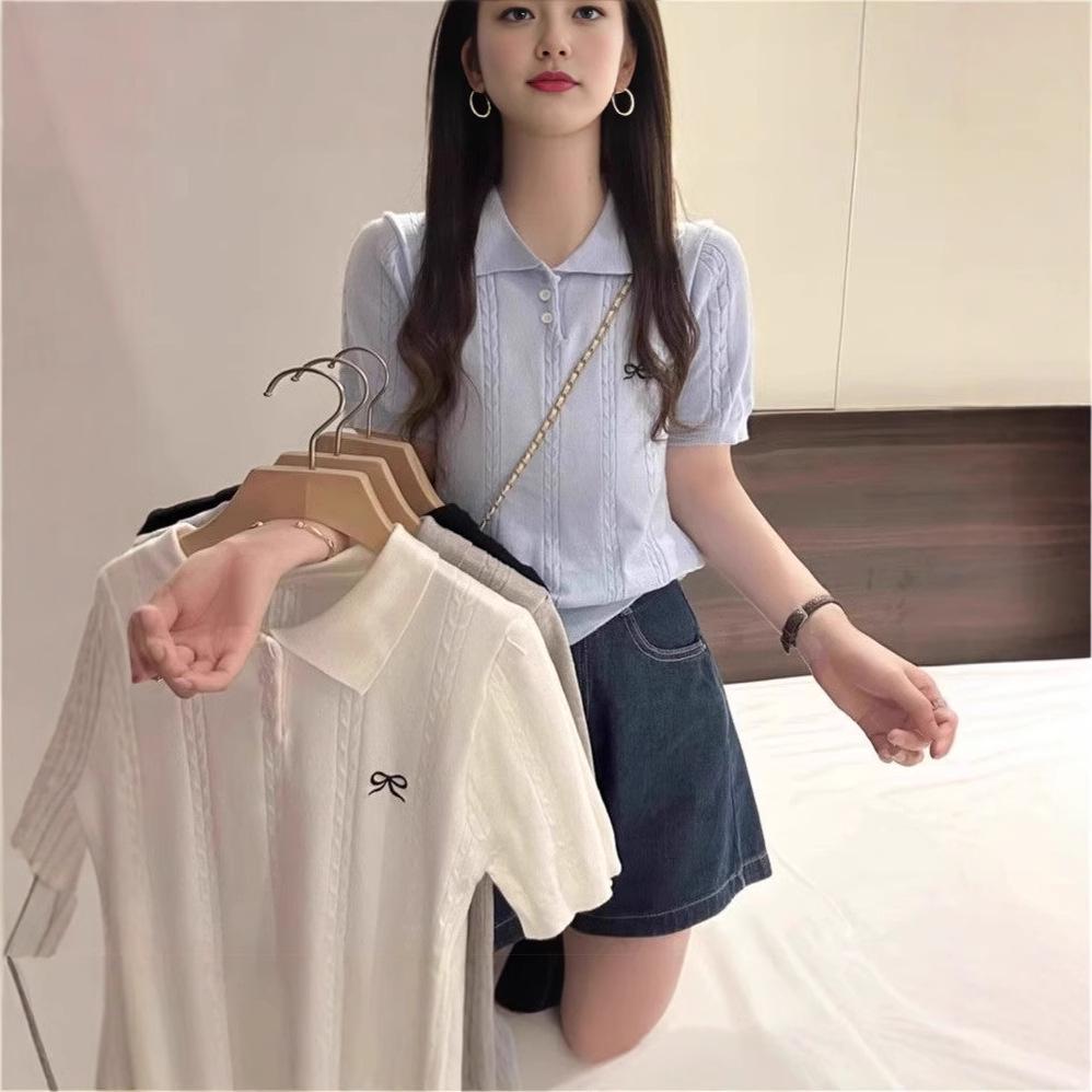

Chic Slim Fit Polo Collar Knit Top with Bow Embroidery for Women One Size [Recommended for up to 125 Jin]