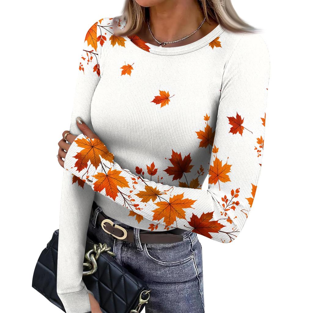 Women's Slim Fit Long Sleeve Neck T-Shirt with Leaf Print and Thumb Holes for Casual Everyday Wear