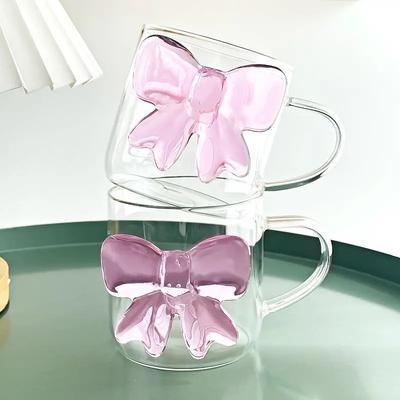 1 Stück Rosa Schleife Glasbecher Kaffee Milch Obstbecher Hitzebeständiges Glas Getränkebecher Tassen 13oz 400ml Süßer Becher