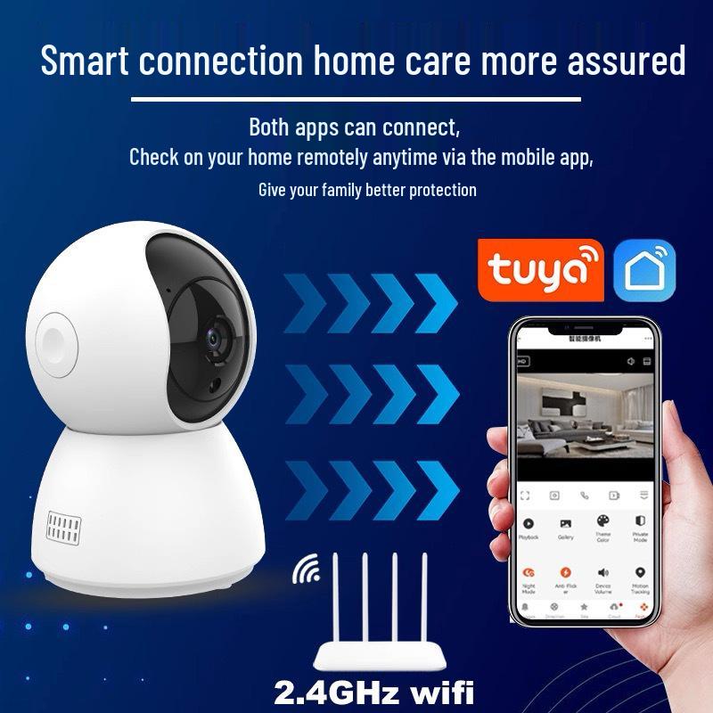 Tuya Smart WiFi Indoor Camera with Mobile Remote, Voice Intercom, and HD Night Vision.