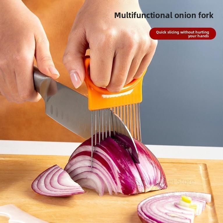 Effortlessly Slice Onions with This 1pc Colorful Onion Slicer Kitchen Stainless Steel Potato Chip Onion Holder