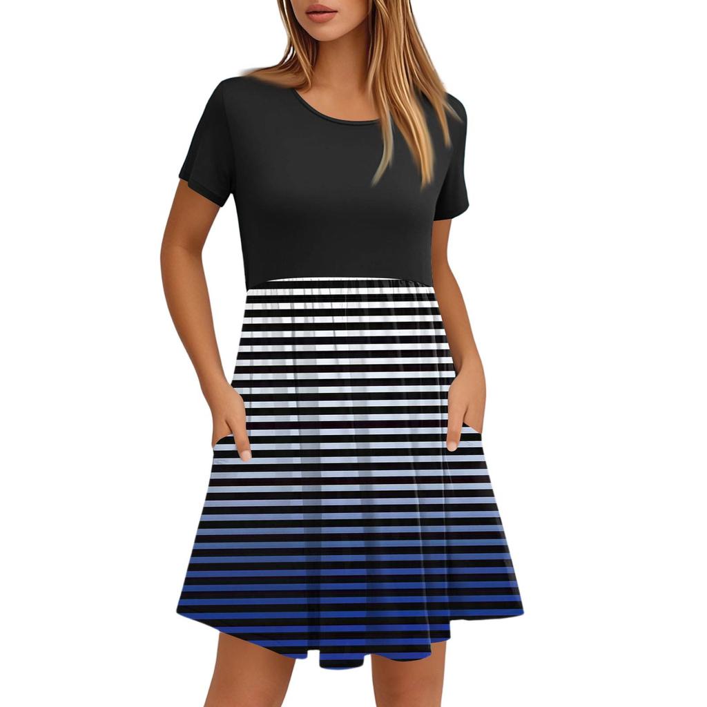 Robes décontractées à col rond et manches courtes pour femmes, imprimées et à poches