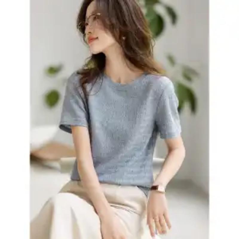 Women Summer Casual Wavy Texture T Shirt Round Neck Short Sleeve Basic Top