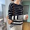 Women's Striped Wool Round Neck Cashmere Sweater - Autumn/Winter Style, 100% Pure Wool Color-Block Top