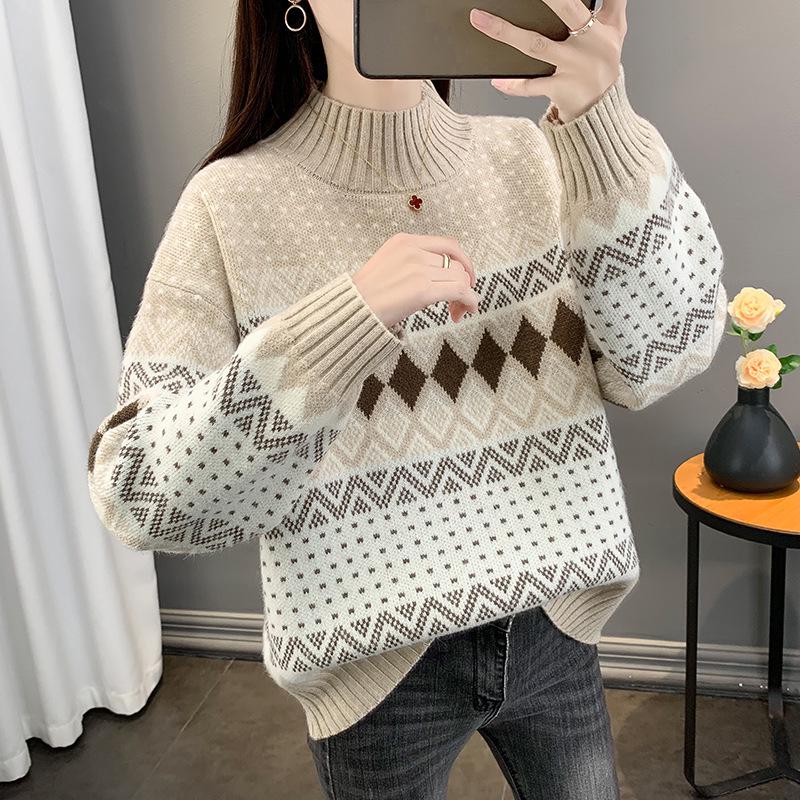 Korean Ethnic Style Jacquard Knit Sweater for Autumn/Winter 2025 - Women's Half-High Collar Loose Fit