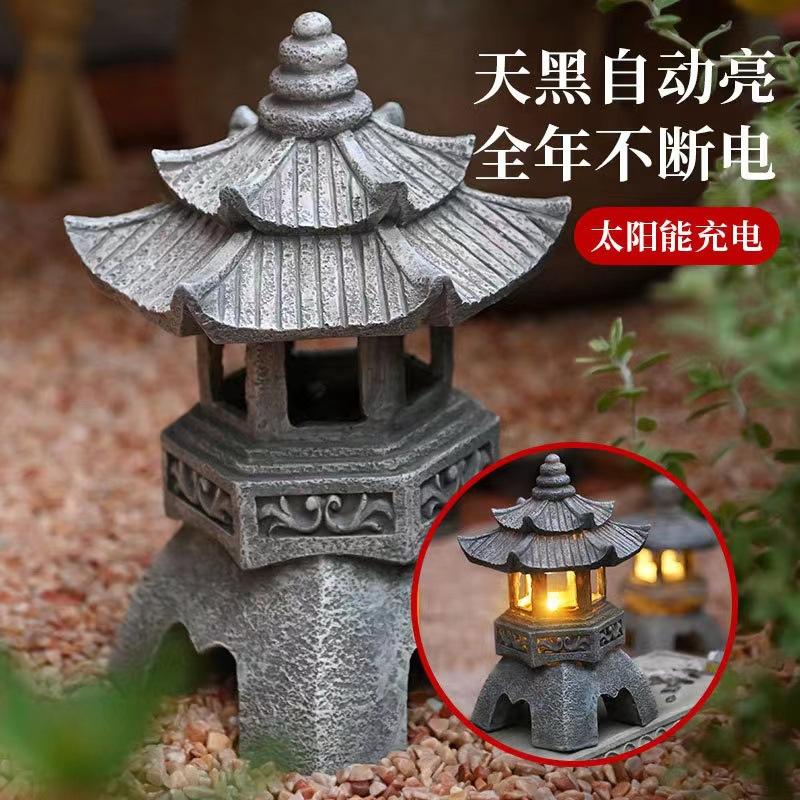 Outdoor solar lights Chinese Zen stone tower courtyard decoration garden ornaments small palace lanterns layout B&B landscape lights Solar spire