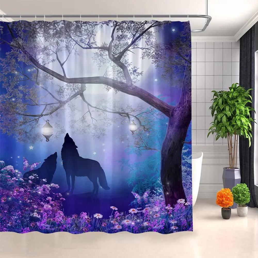 Wolf Silhouette Shower Curtain Black White Howling Thunderstorm Animal Moon Light Mystic Decor Bathroom Set Waterproof With Hook