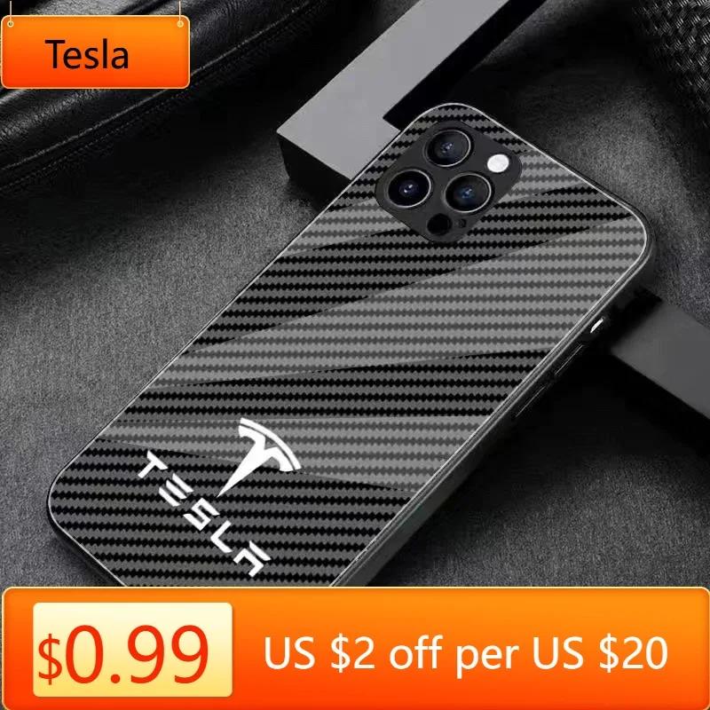 Bilklistremerke Tesla karbonfibermønster til Tesla telefondeksel til iPhone 16 Pro 11 12 Mini 13 14 Pro 15 Pro Max 7 8 Plus XR XS MAX