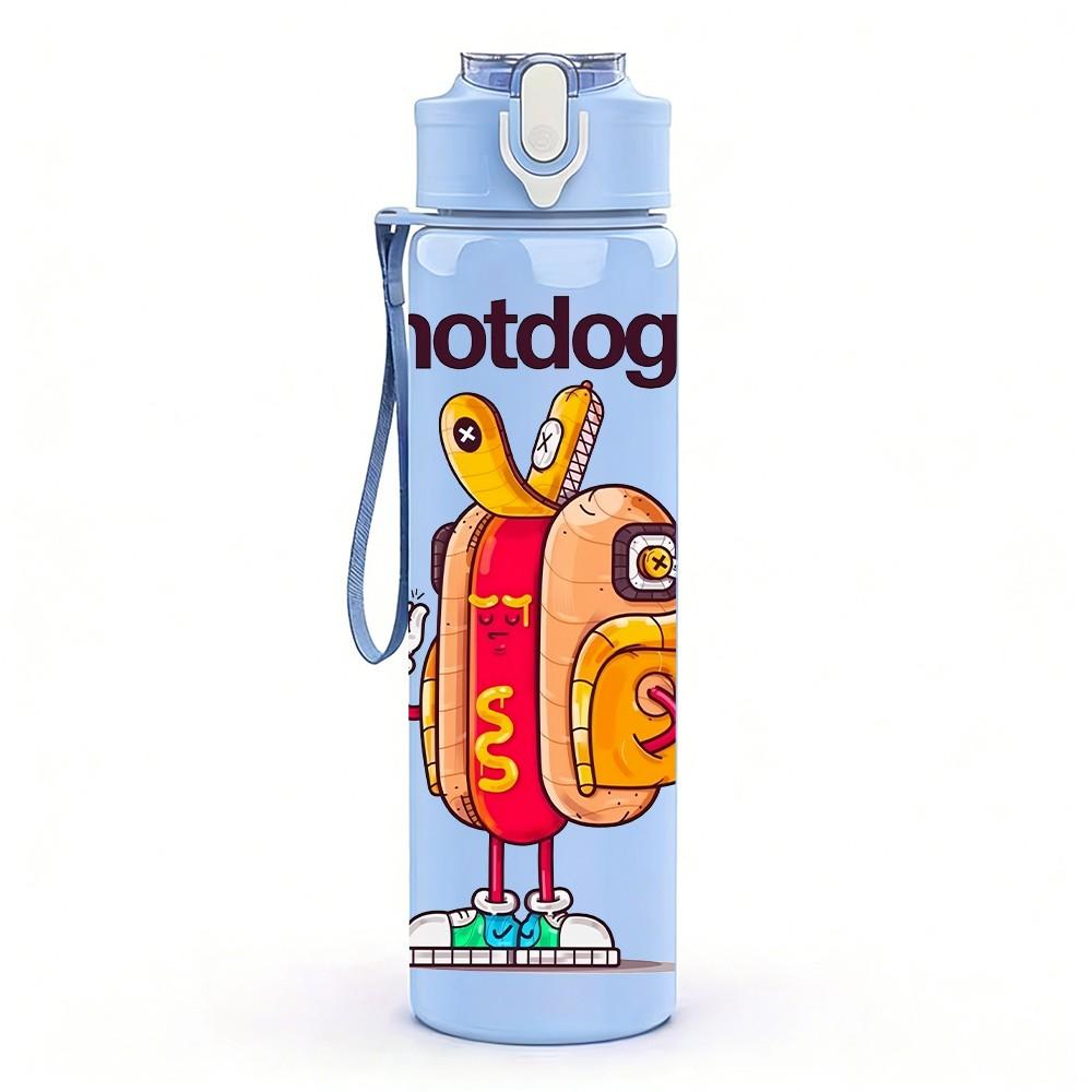 1PC Funny Hot Dog Cartoon Design 750ml Color Plastic Sports Water Bottle Leakproof Flip Straw Lid Suitable for Sports Office Home Use
