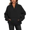 2026 Women's Stand Collar Fleece Hoodie with Pockets, Autumn-Winter Casual Loose Fit, Solid Color Ribbed Top.